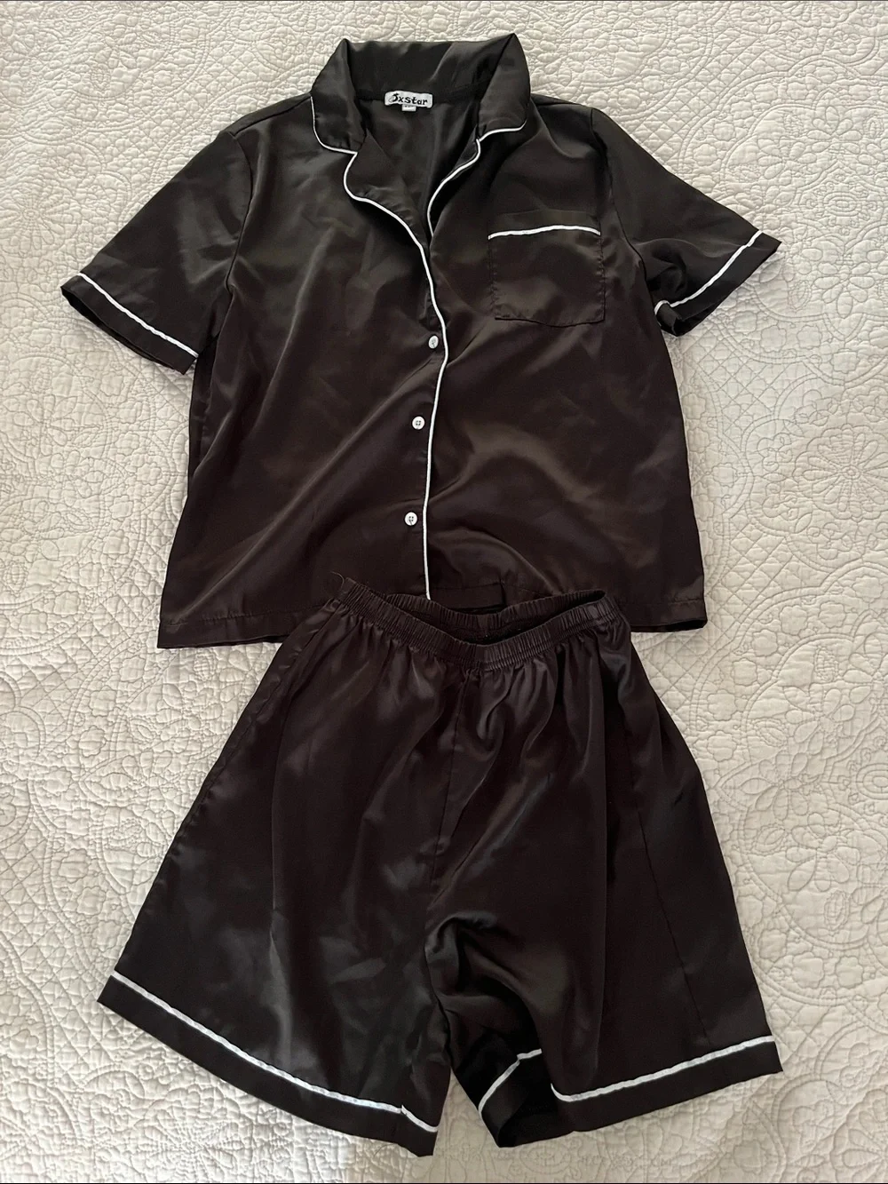 Silky Black Pajama Set with Contrast Piping